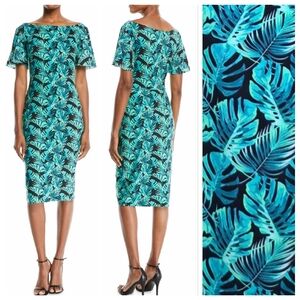 Chiara Boni Arifa Monstera Leaf Tropical Leaves Flutter Sleeve Sheath Dress